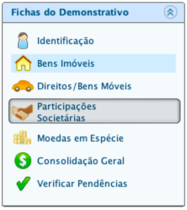 Interface do GCAP mostrando as fichas do demonstrativo com destaque para Participações Societárias